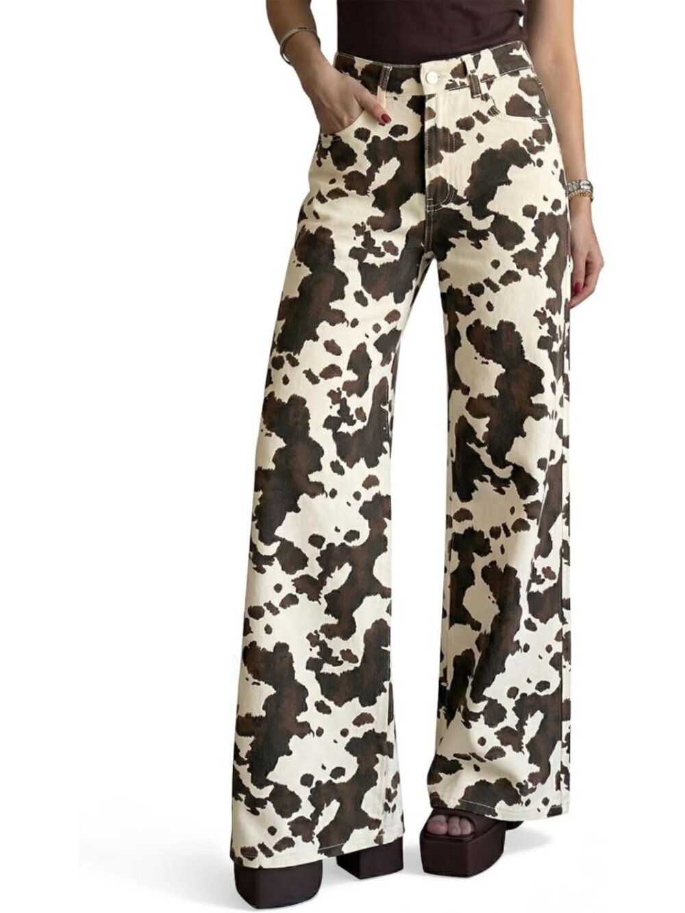 High Waisted Leopard Print Wide Leg Jeans - Stretchy, Baggy Fit for Women